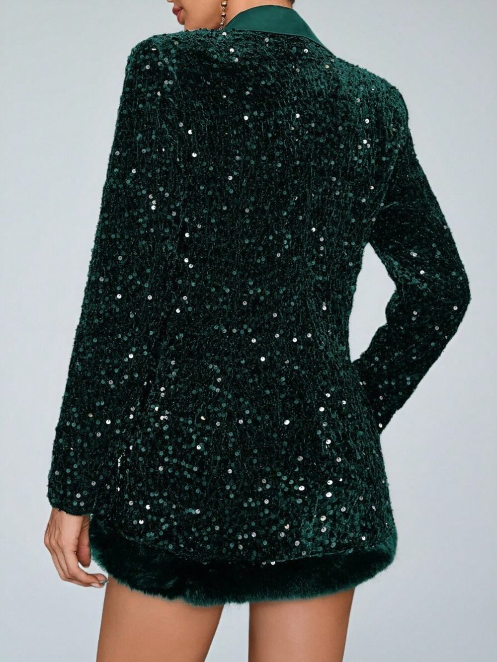 Dark Green Party Women's Design Loose Sequin Fabric Patchwork Blazer Jacket - Picture 2 of 8